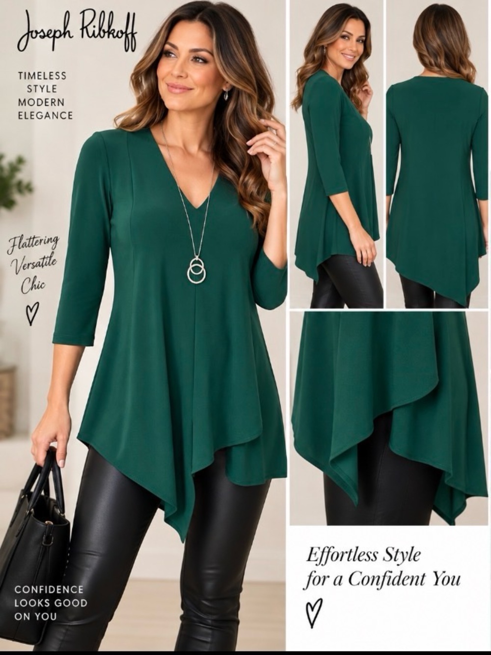 Joseph Ribkoff Emerald Green Asymmetrical V-Neck Tunic Top Size 6